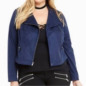Faux Suede Zip Moto Jacket - Blue